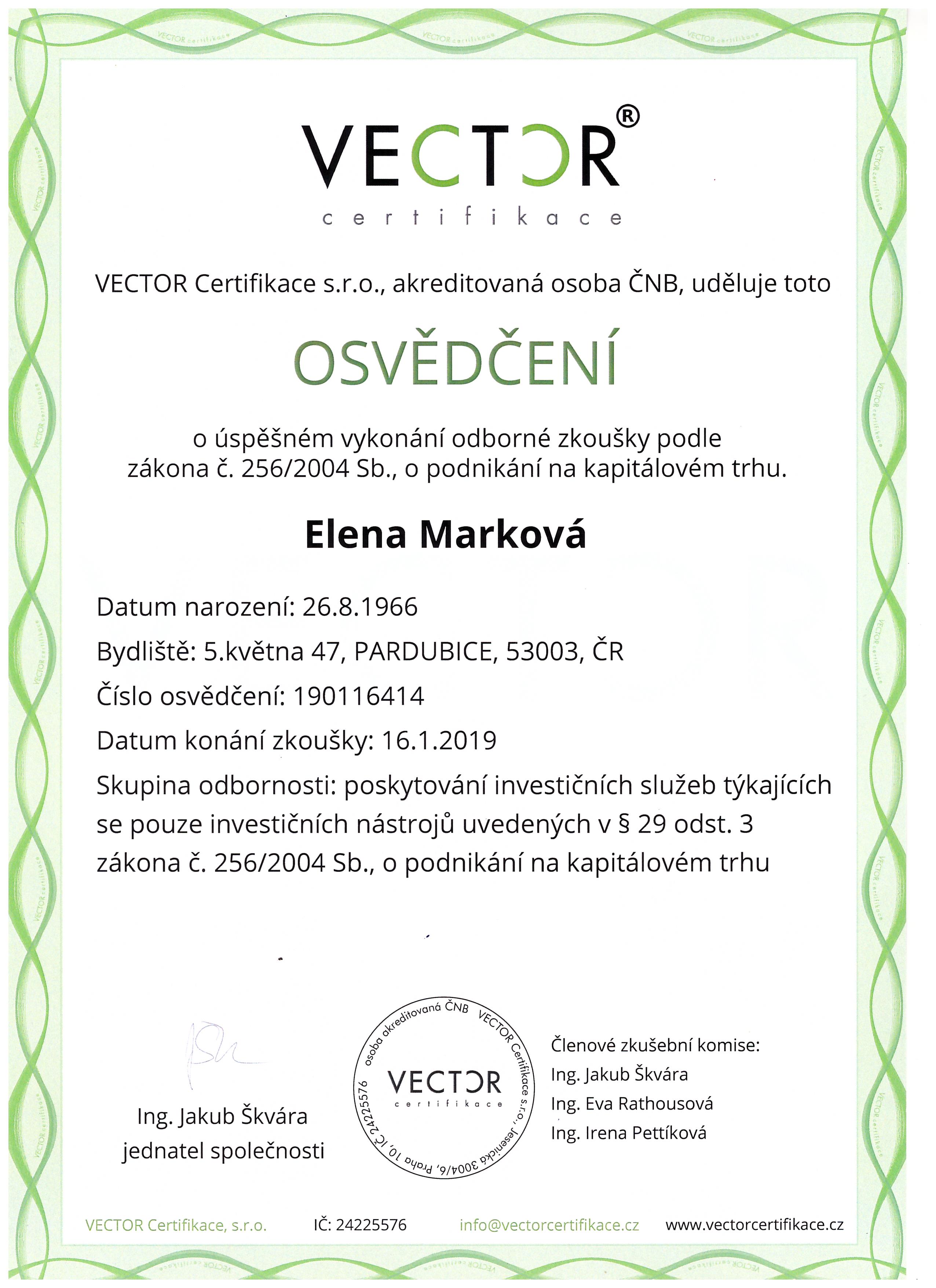 Osvědčení Vector - Podnikání na kapitálovém trhu